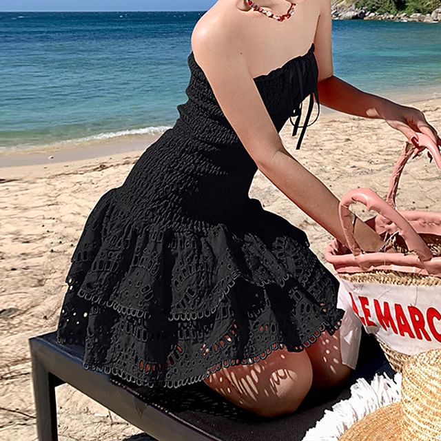 Embroidered Ruched Mini Dress Tube A-Line