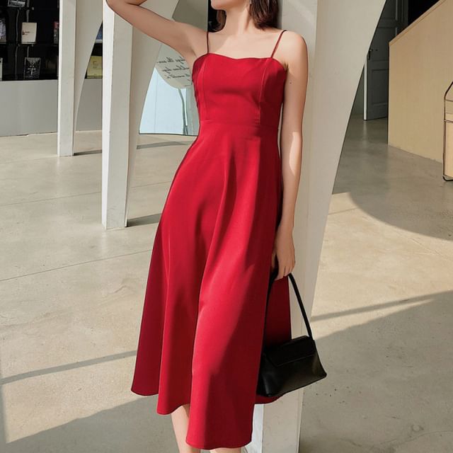 Midi Spaghetti Strap Dress A-Line Plain V-Neck Back Open