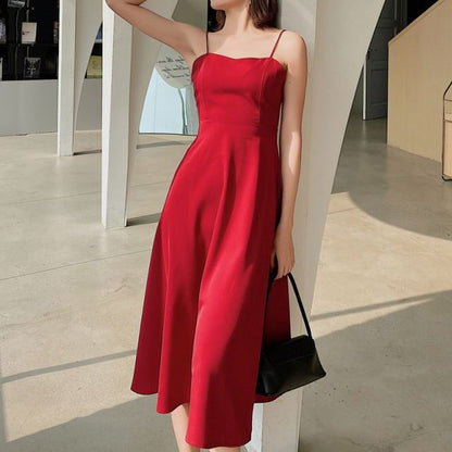 Midi Spaghetti Strap Dress A-Line Plain V-Neck Back Open