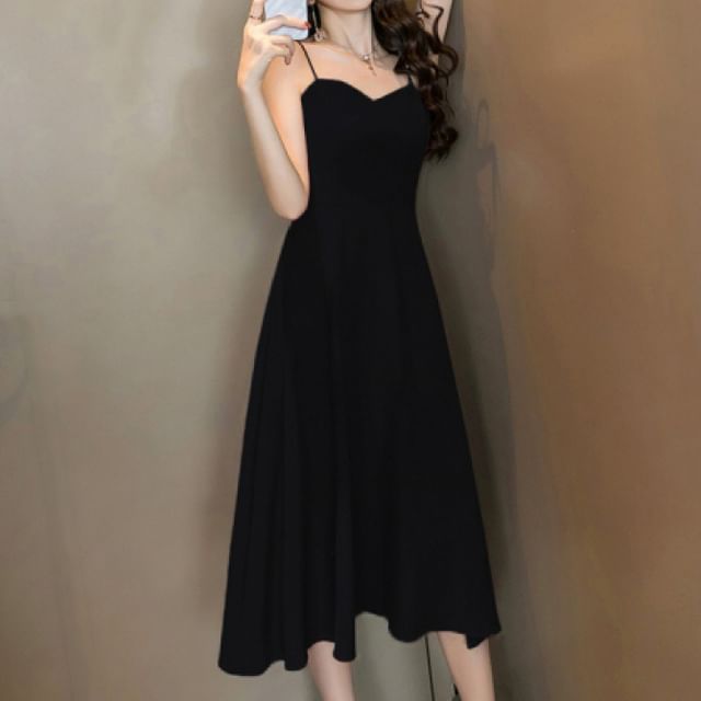 Midi Spaghetti Strap Dress A-Line Plain V-Neck Back Open