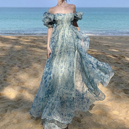 Floral Print Slit A-Line Dress Puff-Sleeve Off-Shoulder Maxi Trim Ruffle