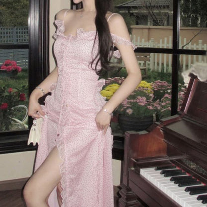 Dress Shoulder Cold A-Line V-Neck Trim Maxi Slit Ruffle Front Dotted Tie