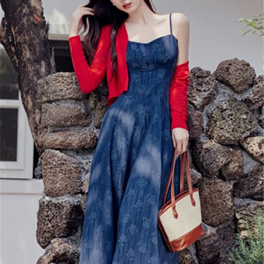 Plain Cardigan / Spaghetti Strap Floral Denim Maxi A