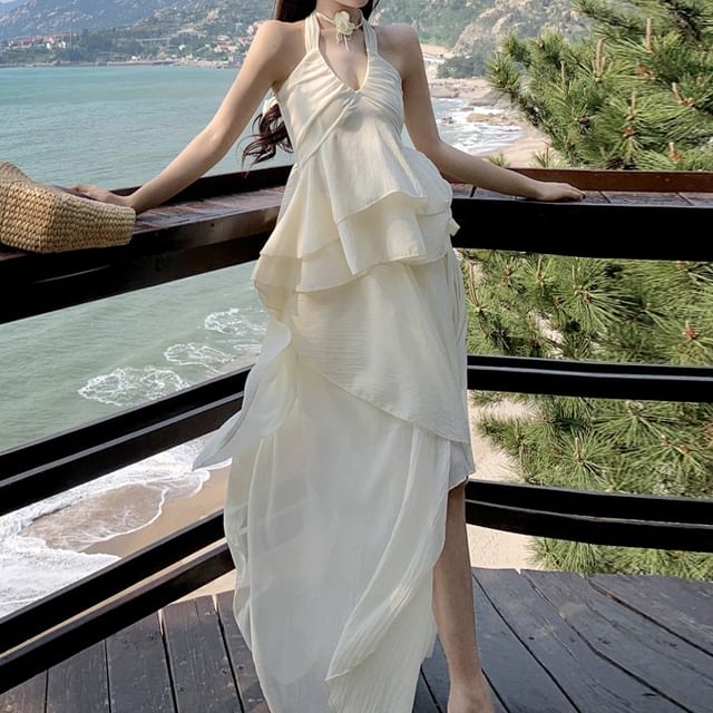 Set: A-Line Peplum Skirt Midi Asymmetrical Top Halter Tank Plain +