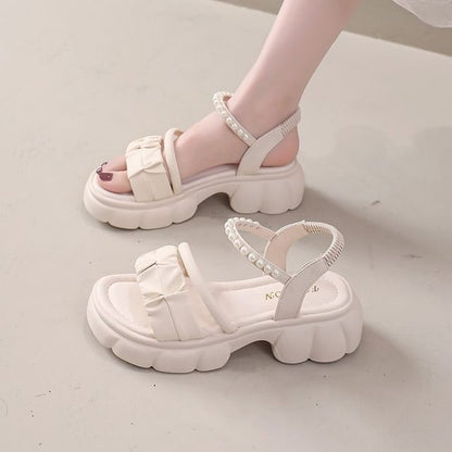 Platform Ankle Strap Faux Pearl Accent Ruched Faux Leather Sandals