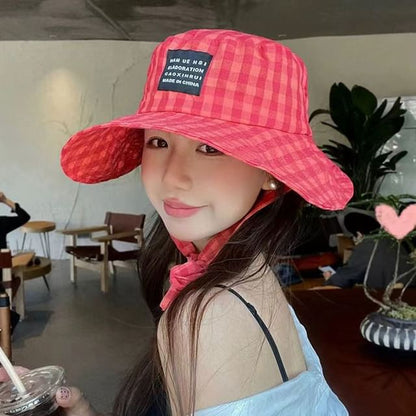 Lettering Applique Bucket Hat Plaid