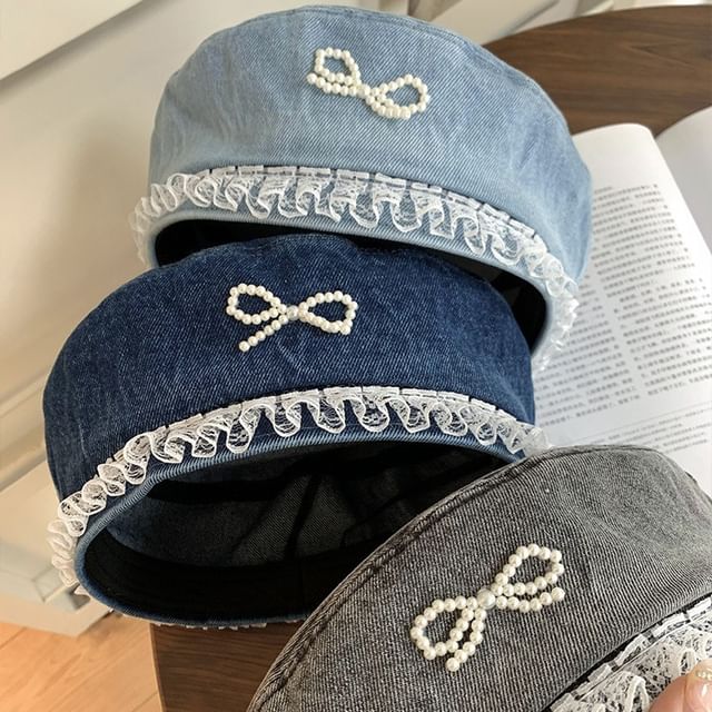 Denim Pearl Trim Lace Beret Bow Faux