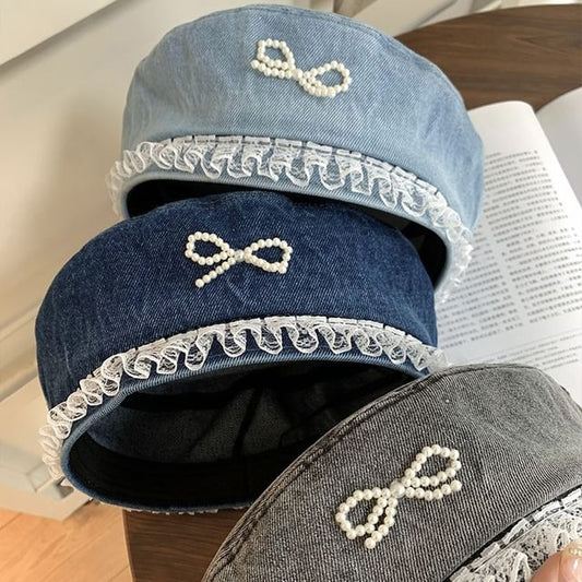 Denim Pearl Trim Lace Beret Bow Faux