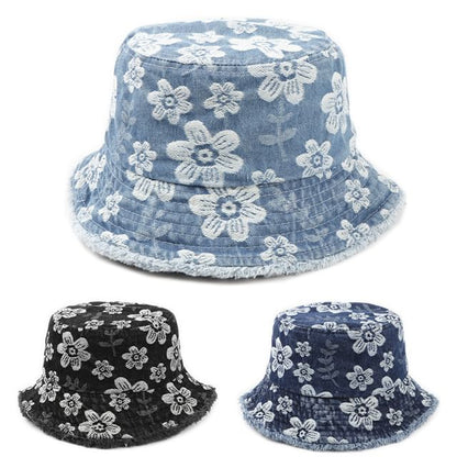 Denim Print Frayed Washed Hat Bucket Floral