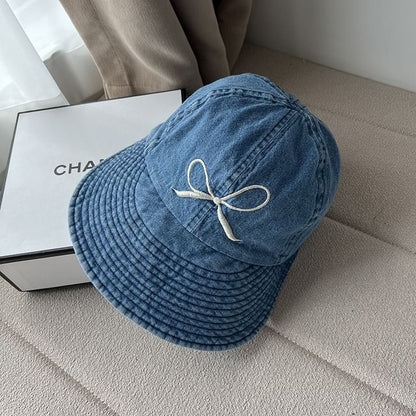 Bow Washed Wide Embroidered Denim Brim Cap