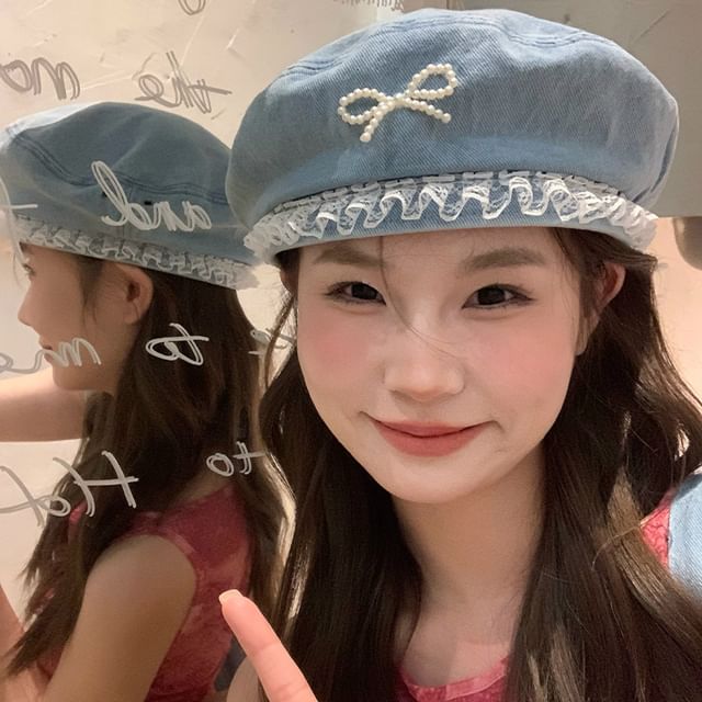 Denim Pearl Trim Lace Beret Bow Faux