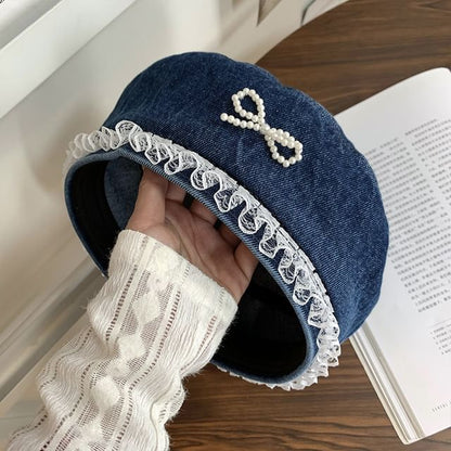Denim Pearl Trim Lace Beret Bow Faux