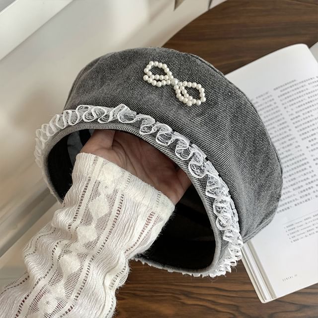 Denim Pearl Trim Lace Beret Bow Faux