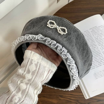 Denim Pearl Trim Lace Beret Bow Faux