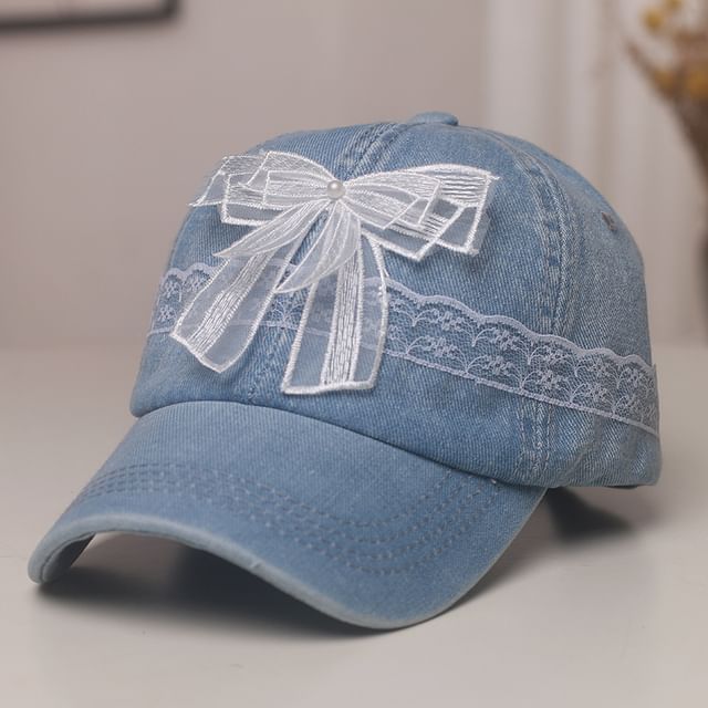Faux Trim Pearl Baseball Cap Denim Lace Bow