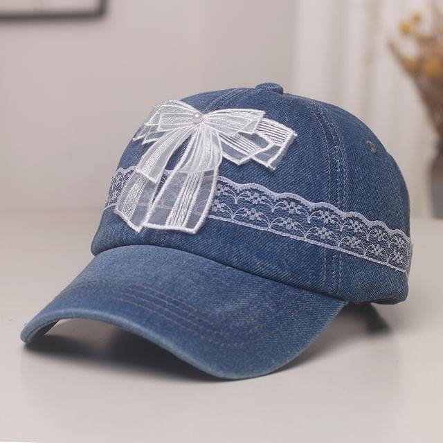 Faux Trim Pearl Baseball Cap Denim Lace Bow