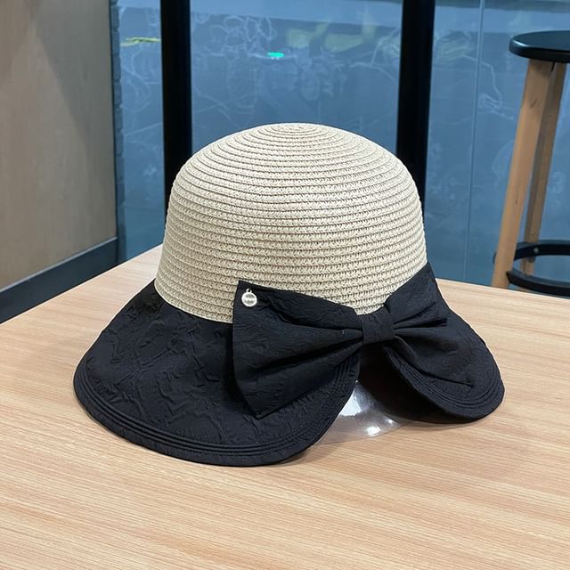 Two Straw Sun Hat Bow Tone