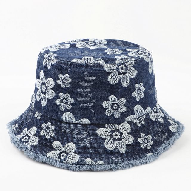 Denim Print Frayed Washed Hat Bucket Floral