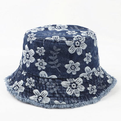 Denim Print Frayed Washed Hat Bucket Floral