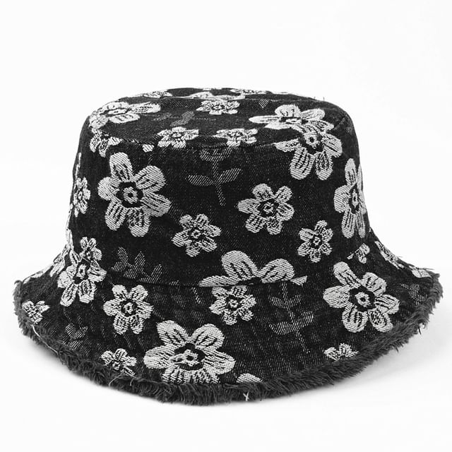 Denim Print Frayed Washed Hat Bucket Floral