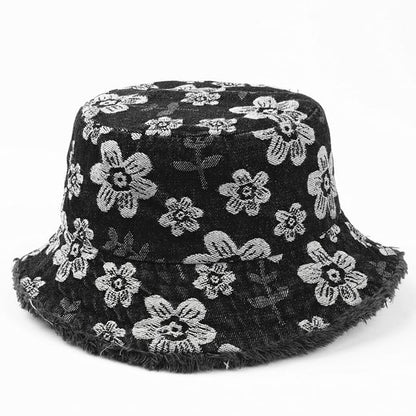 Denim Print Frayed Washed Hat Bucket Floral