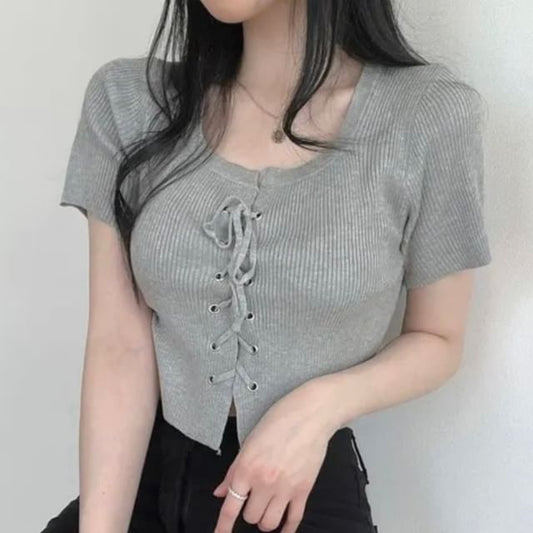 Short-Sleeve Scoop Neck Plain Lace Up Knit Top