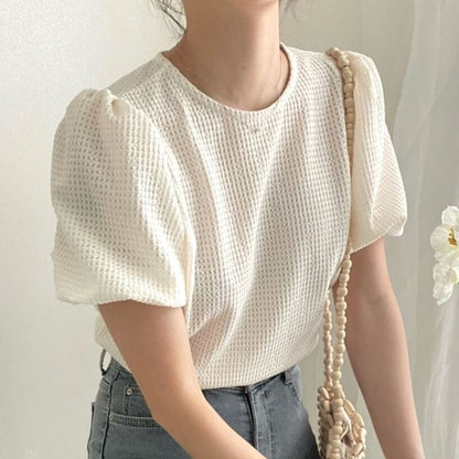 Short-Sleeve Round Neck Plain Waffle Top