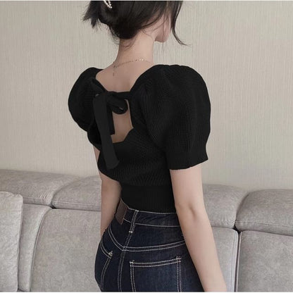 Short-Sleeve Square Neck Plain Bow Back Knit Top