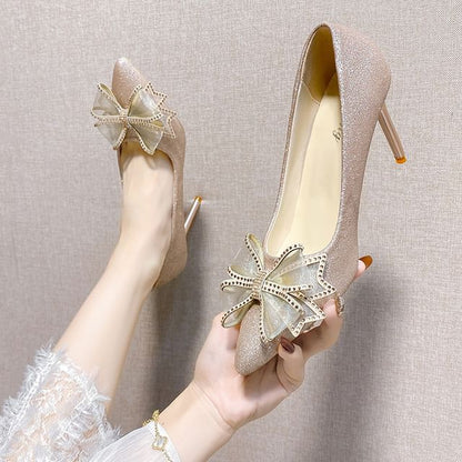 Rhinestone Pointed Stiletto Glitter Pumps Toe Bow