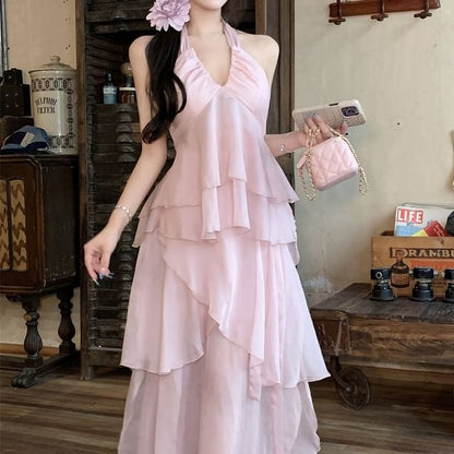 Top V-Neck Maxi A-Line / Cami Flowy Skirt Plain