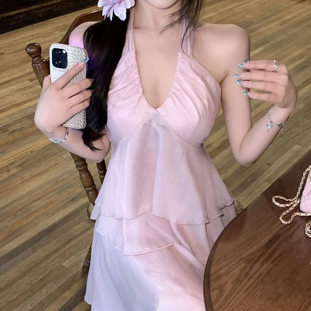 Top V-Neck Maxi A-Line / Cami Flowy Skirt Plain