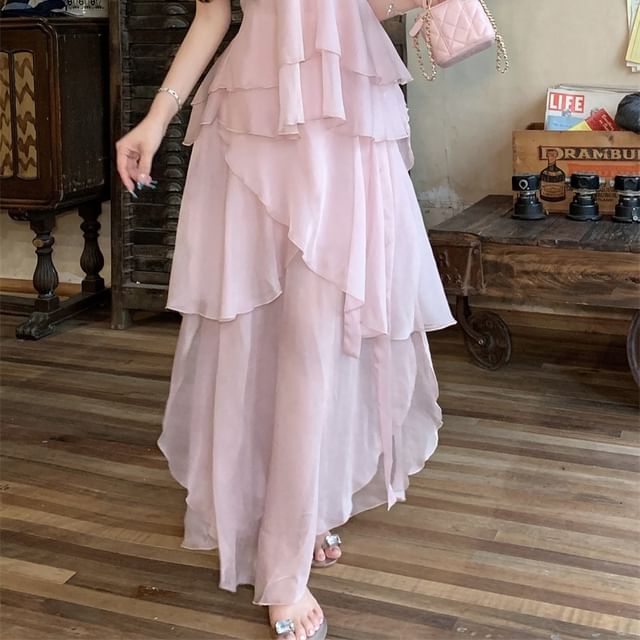 Top V-Neck Maxi A-Line / Cami Flowy Skirt Plain