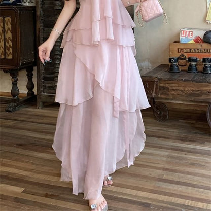 Top V-Neck Maxi A-Line / Cami Flowy Skirt Plain