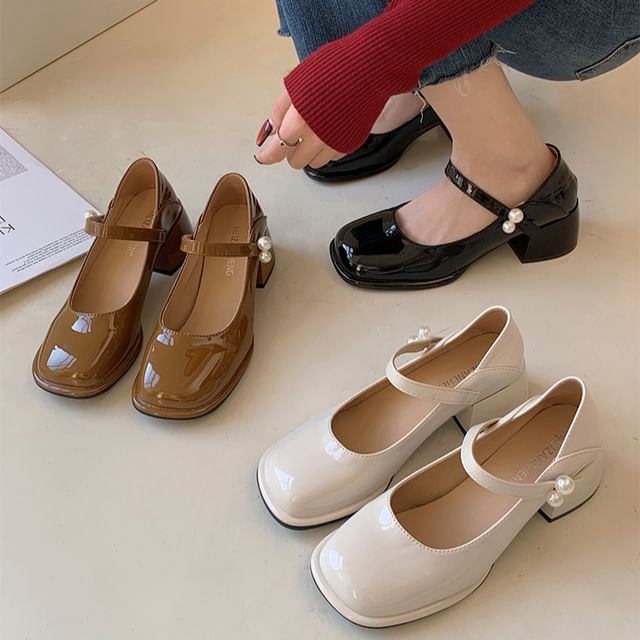 Heel Jane Block Mary Pumps Pearl Faux