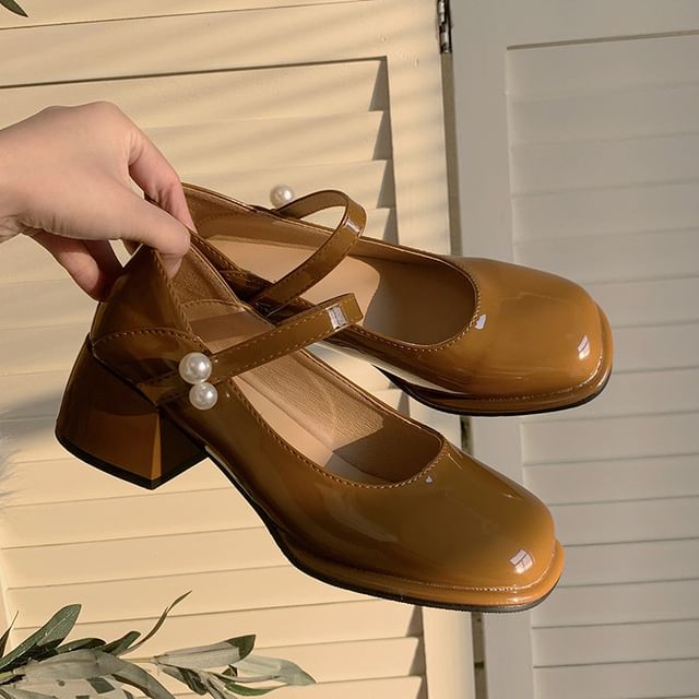 Heel Jane Block Mary Pumps Pearl Faux