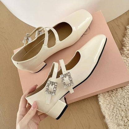 Square Toe Rhinestone Buckle Mary Jane Pumps