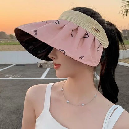 Brim Print Wide Sun Visor Heart