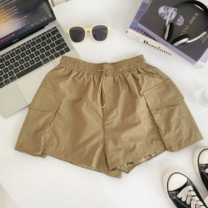 Drawstring Waist Plain Cargo Shorts