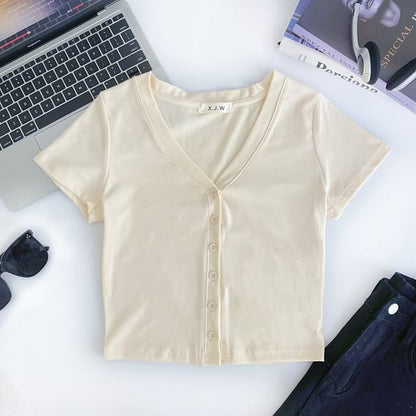 Short-Sleeve V-Neck Plain Button Crop T-Shirt