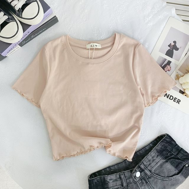 Short-Sleeve Round Neck Plain Lettuce Edge Crop T-Shirt