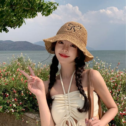Embroidered Sun Straw Bow Hat