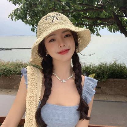 Embroidered Sun Straw Bow Hat