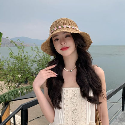 Embroidered Sun Straw Floral Hat