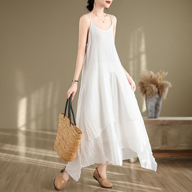 Spaghetti Strap Plain Asymmetrical Maxi A-Line Dress