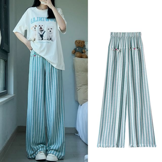 Button Applique High Rise Contrast Stripe Wide Leg Sweatpants