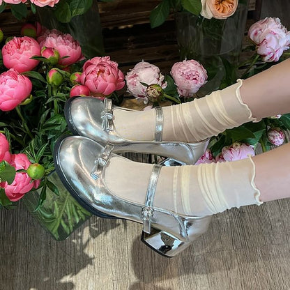 Heel Bow Accent Jane Mary Block Pumps