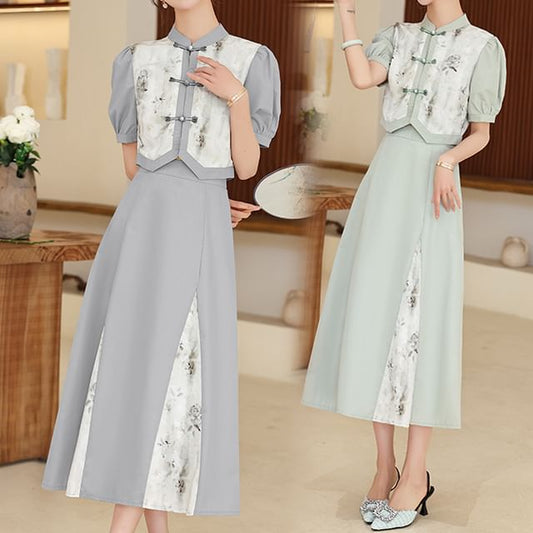 Set: Short-Sleeve Mandarin Collar Floral Panel Frog Button Cropped Blouse + High Waist Midi A-Line Skirt