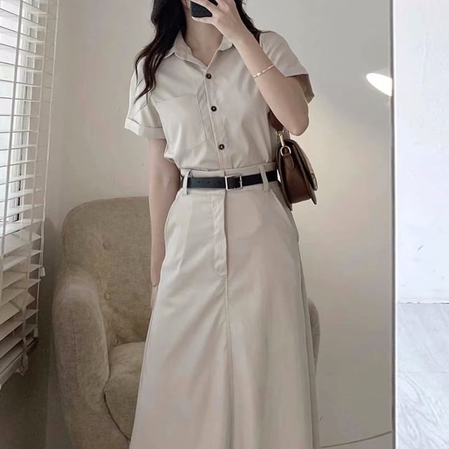 Short-Sleeve Plain Shirt / High Rise Maxi A-Line Skirt / Belt / Set