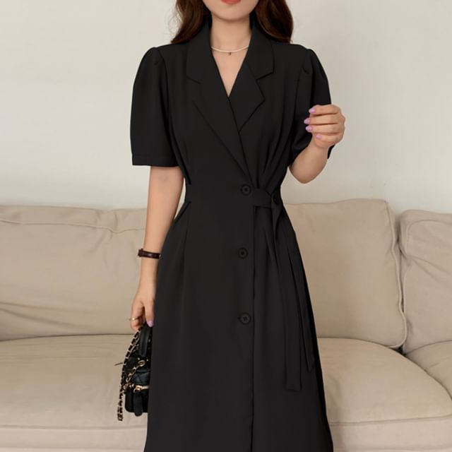 Short-Sleeve Button-Up Sashed Plain Midi A-Line Dress