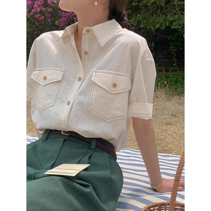 Short-Sleeve Contrast Stitching Pocketed Shirt